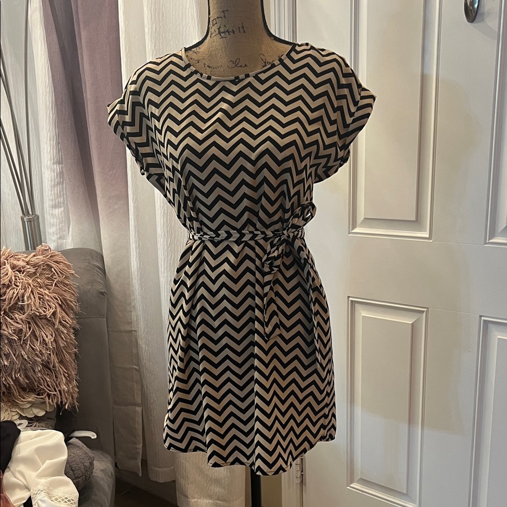 Pink Rose Black and Cream Chevron Mini Dress